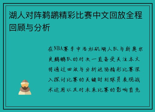 湖人对阵鹈鹕精彩比赛中文回放全程回顾与分析